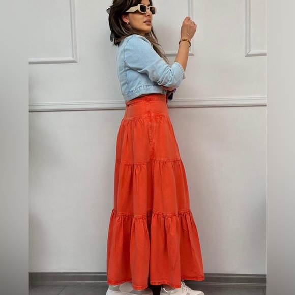 NWT FREE PEOPLE We The Free Dreamweaver Maxi Skirt In Orange MSRP $168 Size M - Picture 2 of 12